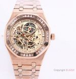 Royal Oak Audemars Piguet Skeleton Rose Gold Watch Baguette Diamond bezel_th.jpg